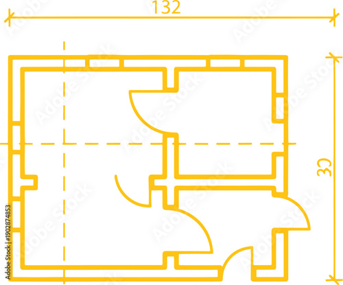 Yellow outline of a whisk shape with dimensions 132 by 30 units