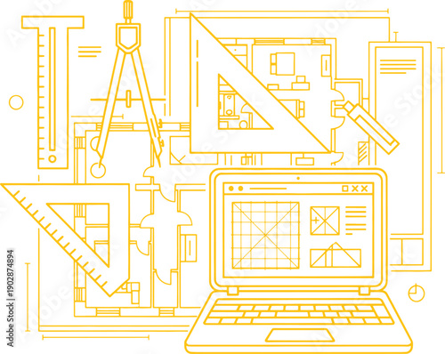Yellow outline of drafting tools and laptop with geometric shapes on screen compass ruler