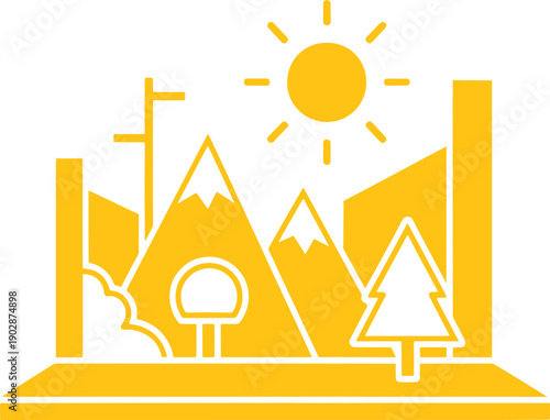 Yellow outline of mountains trees and a sun on a window sill