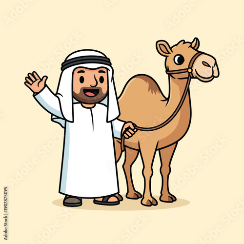 Cartoon of a friendly Arab man in a white thobe and ghutra waving while holding his dromedary camel.