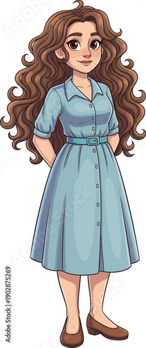 Charming cartoon woman with long voluminous brown hair wearing a classic blue shirtdress.