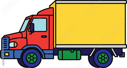 Colorful cartoon delivery truck with a red cab and yellow cargo container.