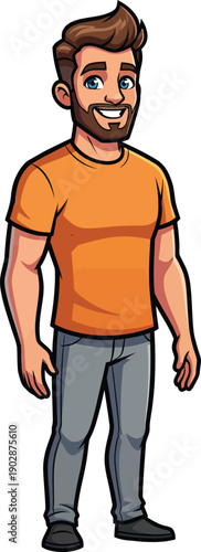 Friendly cartoon man with a beard and brown hair wearing an orange tshirt and grey pants smiling happily.