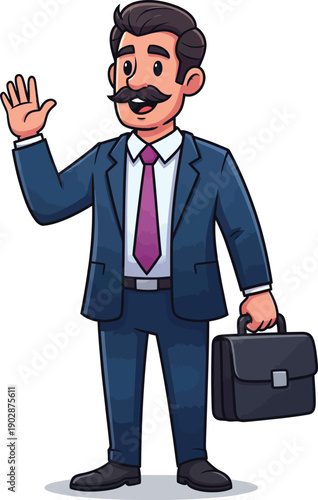 Friendly cartoon businessman with a mustache wearing a blue suit and waving while holding a briefcase.