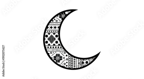 Black and white crescent moon with intricate patterns on a plain white background.