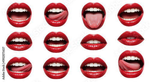 Set of woman's mouths with red glossy lips smiling, showing tongue, and in various expressions isolated on transparent background. Collection of female lips in red lipstick, with diverse mouth gesture