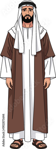 Fullbody cartoon illustration of a bearded man in traditional brown and white Middle Eastern robes and headdress.