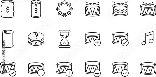 Music drum and percussion outline icon set rhythm instrument symbols sound beat tempo metronome illustration isolated vector collection