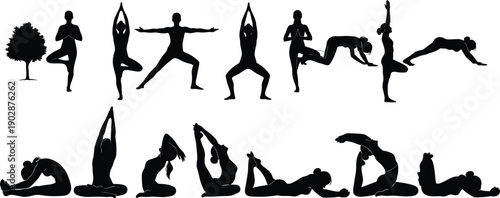 Collection of black yoga pose silhouettes showing women practicing meditation, balance, flexibility, and fitness exercises isolated on white background for wellness and mindfulness design projects