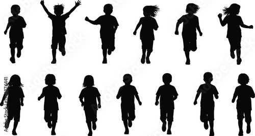 Collection of children silhouettes running, jumping, and moving in different poses, showing active lifestyle, freedom, energy, fitness, and joyful childhood development on white background