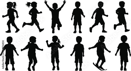Collection of children silhouettes running, jumping, walking, and dancing in playful poses, showing active lifestyle, joyful movement, creativity,