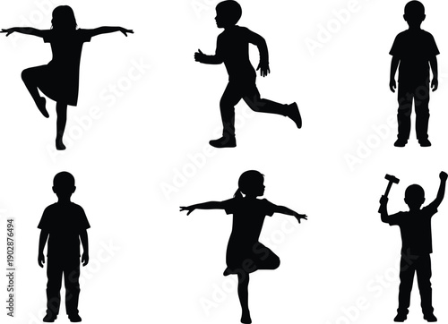 Collection of children silhouettes running, standing, balancing, and playing with toy hammer in different poses, showing active lifestyle, creativity, learning, and joyful childhood concept