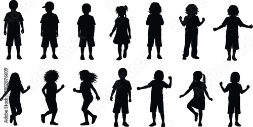 Collection of children silhouettes standing, walking, and dancing in different poses, showing playful movement, childhood activity, creativity, and education concept on white background