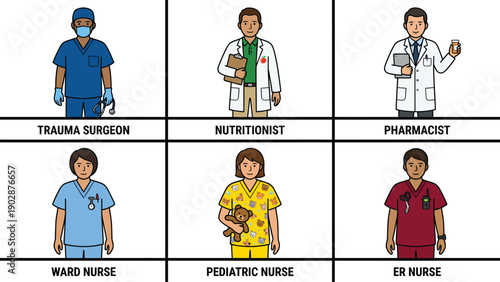 Diverse Medical Professionals Collage Surgeon Nutritionist Pharmacist Nurses Healthcare Team Service Icons