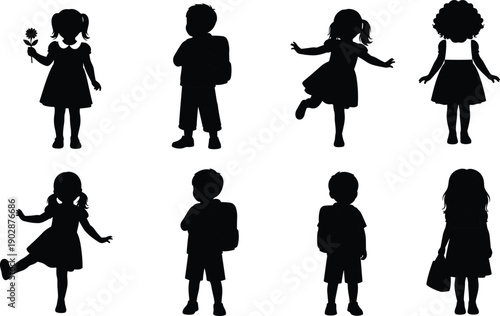 Collection of cute children silhouette illustrations showing boys and girls standing, walking, dancing, holding flowers, and carrying school bags isolated on white background