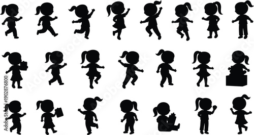 Collection of cute little girl silhouettes running, jumping, walking, carrying bag, and playing in different poses, showing playful movement, creativity, and joyful childhood activity concept