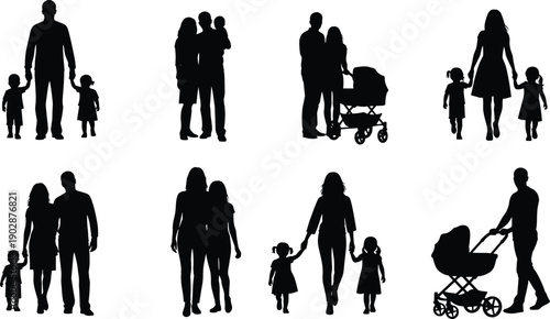 Collection of family silhouette illustrations showing parents walking with children, holding hands, carrying babies, and pushing strollers, representing love, care