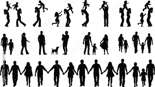 Collection of happy family silhouette illustrations showing parents and children playing, walking, holding hands, and spending quality time together isolated on white background