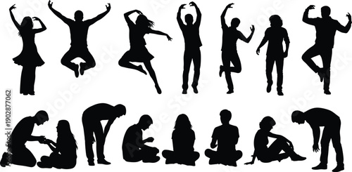 Collection of human silhouette illustrations showing people dancing, jumping, sitting, bending, and interacting in different emotional expressions and body movements isolated on white background