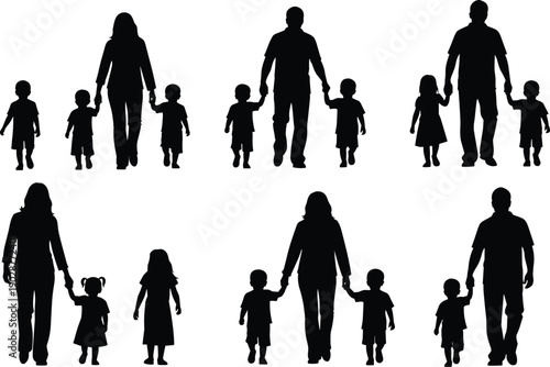 Collection of parents walking with children silhouettes holding hands, showing family love, care, protection, and togetherness in daily life,