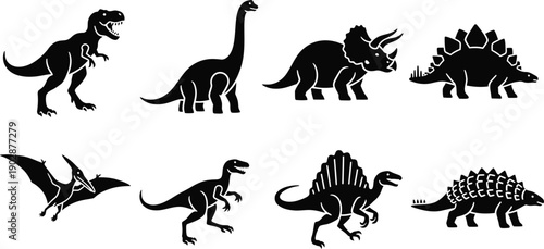 Dinosaur and Prehistoric Creature Icon Set Featuring T-Rex, Brachiosaurus, Triceratops, Stegosaurus, Pterodactyl, Velociraptor, Spinosaurus, and Ankylosaurus Silhouettes on White Background
