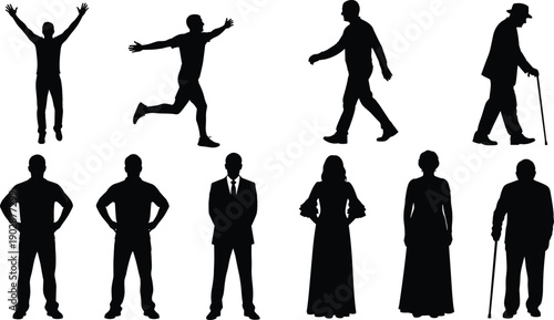 Collection of male and female human silhouette illustrations showing standing, walking, jumping, confident poses, and elderly characters with cane, representing different life stages 