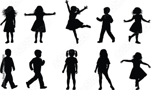 Collection of playful children silhouettes dancing, jumping, and walking in different poses on white background, showing childhood energy, happiness, creativity, and active lifestyle