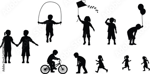 Collection of playful children silhouette illustrations showing kids jumping rope, flying kites, riding bicycles, holding balloons, running, and holding hands isolated on white background