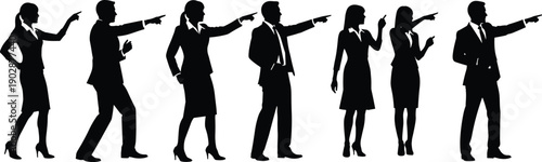 Collection of professional business people silhouette illustrations pointing forward, showing leadership, direction, teamwork, and decision making in corporate environment isolated on white background