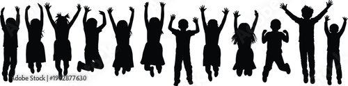 Group of happy children silhouette illustrations jumping with raised hands, showing joy, freedom, teamwork, and energetic childhood spirit in playful celebration isolated on white background