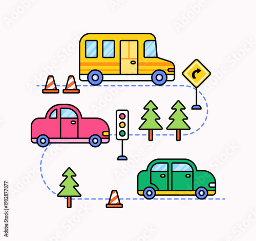 Colorful flat cartoon illustration of cars following a road route with traffic signs cones and trees. ideal for kids education traffic safety apps maps posters and learning materials.