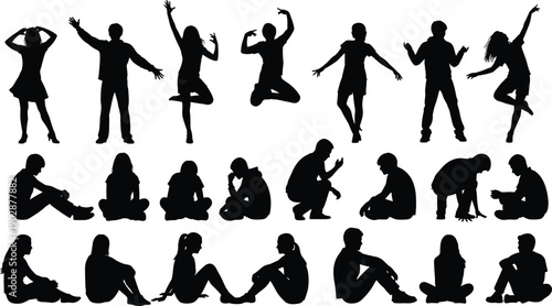 Large collection of young people silhouettes dancing, jumping, sitting, and expressing emotions in various poses, showing energy, creativity, relaxation 