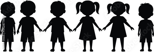 Row of cute children silhouette illustrations holding hands, featuring boys and girls standing together in friendship and unity concept isolated on white background