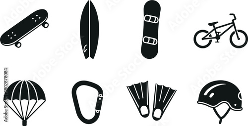 Extreme Sports and Adventure Equipment Icon Set Featuring Skateboard, Surfboard, Snowboard, BMX Bike, Parachute, Carabiner, Flippers, and Safety Helmet Silhouettes Isolated on White