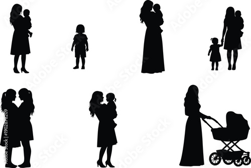 Set of mother and child silhouettes in different family moments, showing love, care, parenting, and daily life scenes with baby, toddler, and stroller, isolated on white background