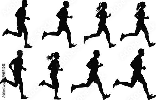 Set of running people silhouettes showing male and female joggers in motion, fitness training, cardio workout, healthy lifestyle, endurance, and active sports concept on white background
