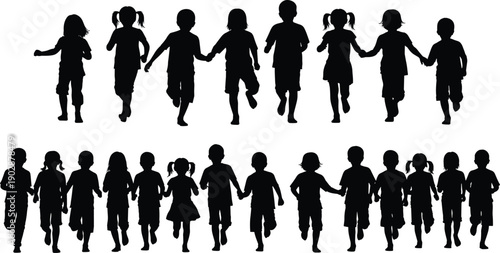 Silhouette of happy children holding hands and running together, showing boys and girls expressing friendship, teamwork, joy, and active childhood lifestyle isolated on white background