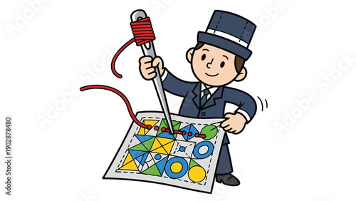 Dapper cartoon man in top hat sewing colorful geometric patterns with needle and thread on fabric
