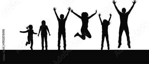 Silhouette of happy children jumping and standing with raised hands on banner space, showing freedom, joy, teamwork, and childhood celebration concept on white background