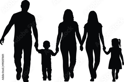 Silhouette of happy family walking together holding hands, parents and children bonding outdoors, symbol of love, unity, protection, and togetherness on white background