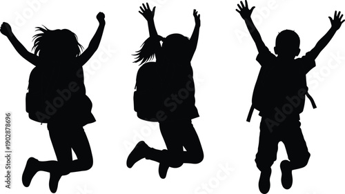 Silhouette of happy school children jumping with backpacks raised hands, celebrating education, success, freedom, and friendship after class on white background