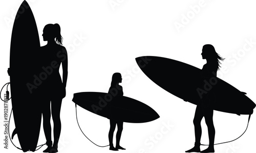 Silhouette of mother and daughter surfers holding surfboards on beach, showing family bonding, adventure, and ocean lifestyle, representing surfing training, outdoor recreation, and healthy active 