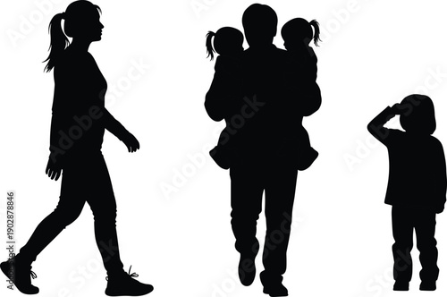 Silhouette of mother walking, father carrying twin daughters, and little boy standing, showing family lifestyle, parenting responsibility, love, care, and daily life concept