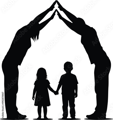 Silhouette of parents forming protective arch with hands over children holding hands, symbolizing family love, safety, care, unity, and strong parenting support concept
