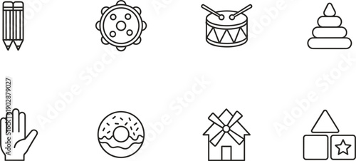 Simple outline icons set with education music food charity celebration and hygiene symbols minimal vector illustration collection