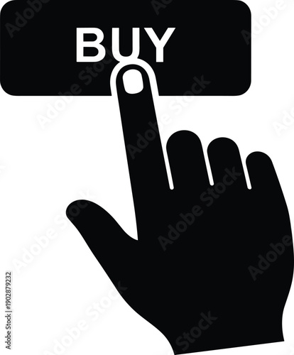 Hand pressing buy button silhouette icon, e-commerce shopping artwork, online purchase symbol, digital transaction design, retail commerce tribute, flat vector illustration