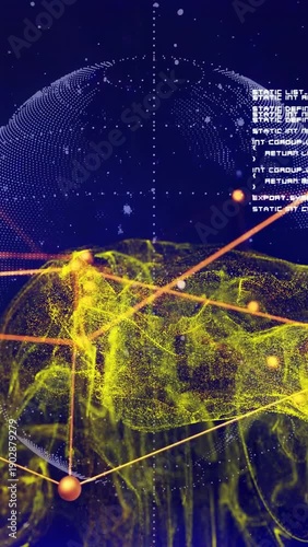 Vertical video: Rotating dotted globe starting orange node network yellow smoke rising showing data