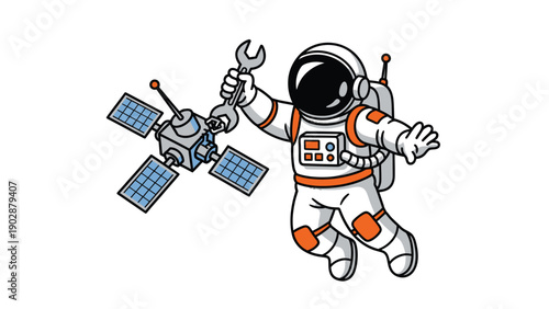 Cartoon Astronaut Repairing Satellite with Wrench