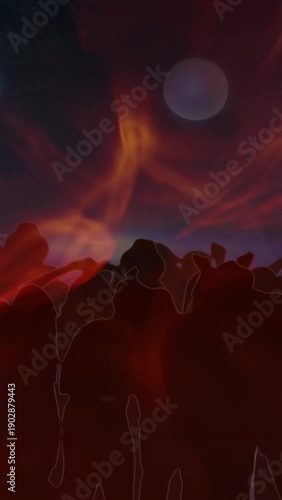 Vertical video: Stage lights firing red ribbons while backlit crowd raising arms, dancing to music