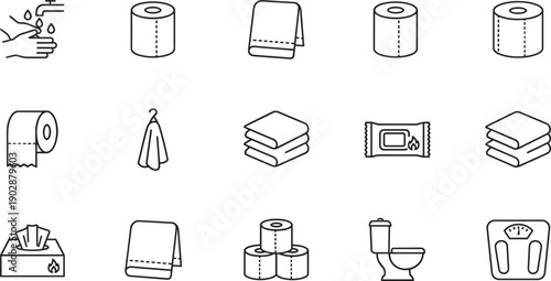 Bathroom hygiene icons set including toilet paper towels soap scale and cleaning essentials line vector collection design illustration